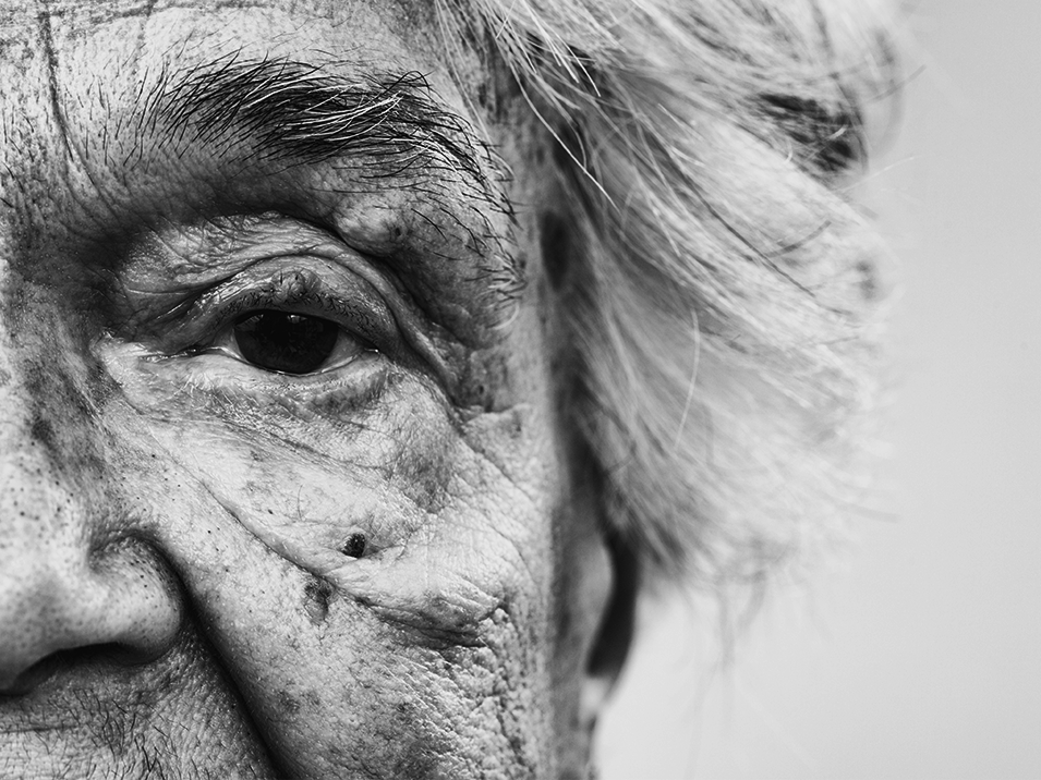 Black and white close-up portrait used in memory of a grandmother affected by dementia